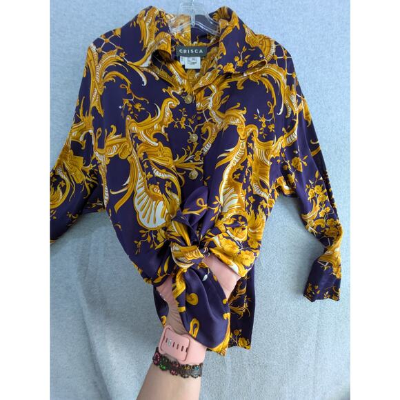 Crisca Tunic Blouse Women 34 Baroque Print 100% Silk Long Sleeve Flowy Navy Gold - Picture 9 of 16